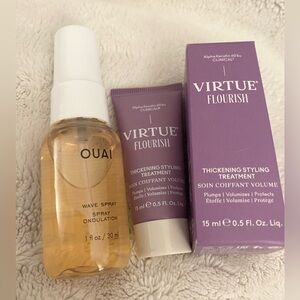 Virtue flourish thickening styling treatment and OUAI Wave Spray travel set New